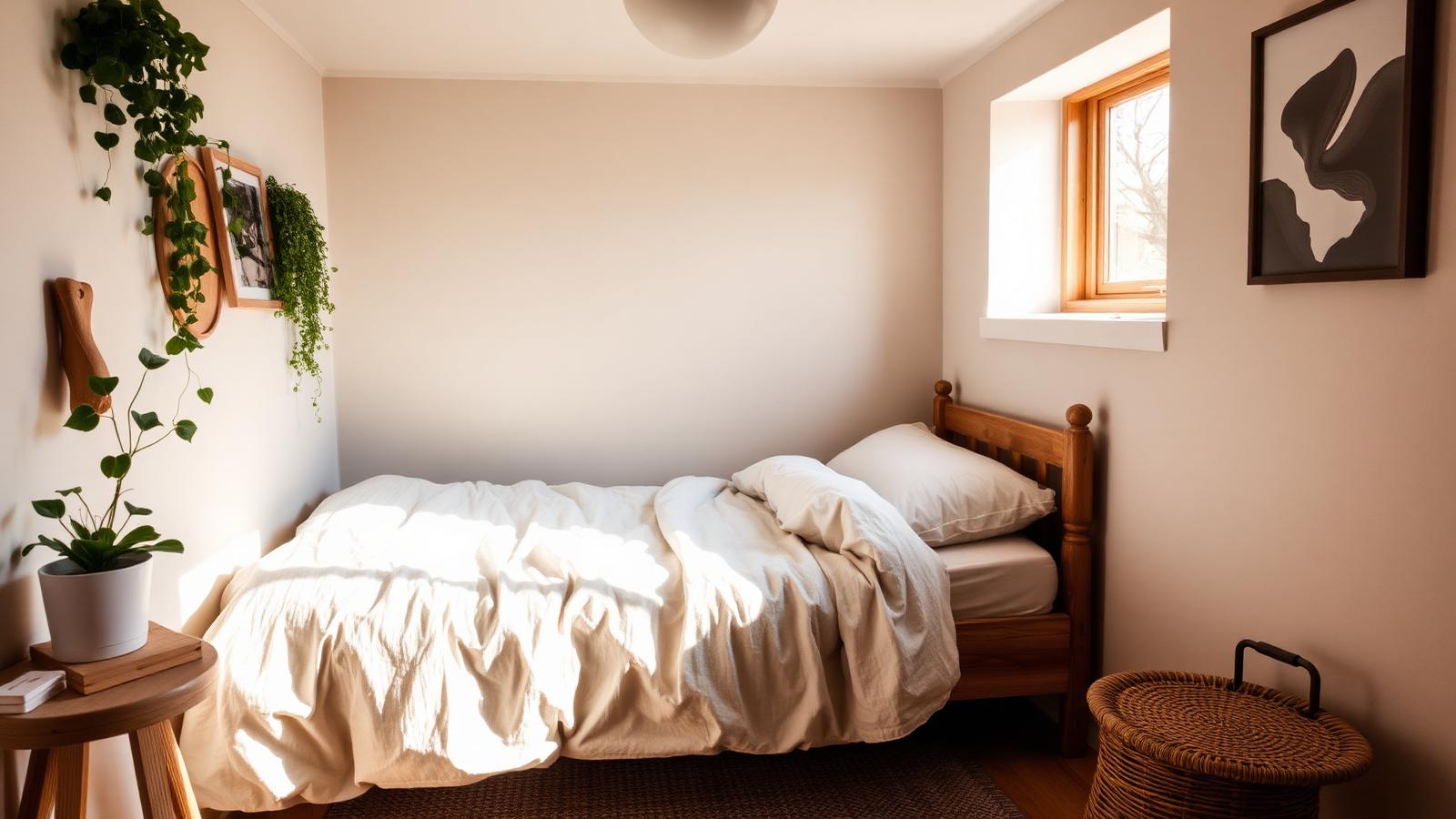 Kleines Schlafzimmer mit Holzbett, heller Bettwäsche und Pflanzen am Fenster