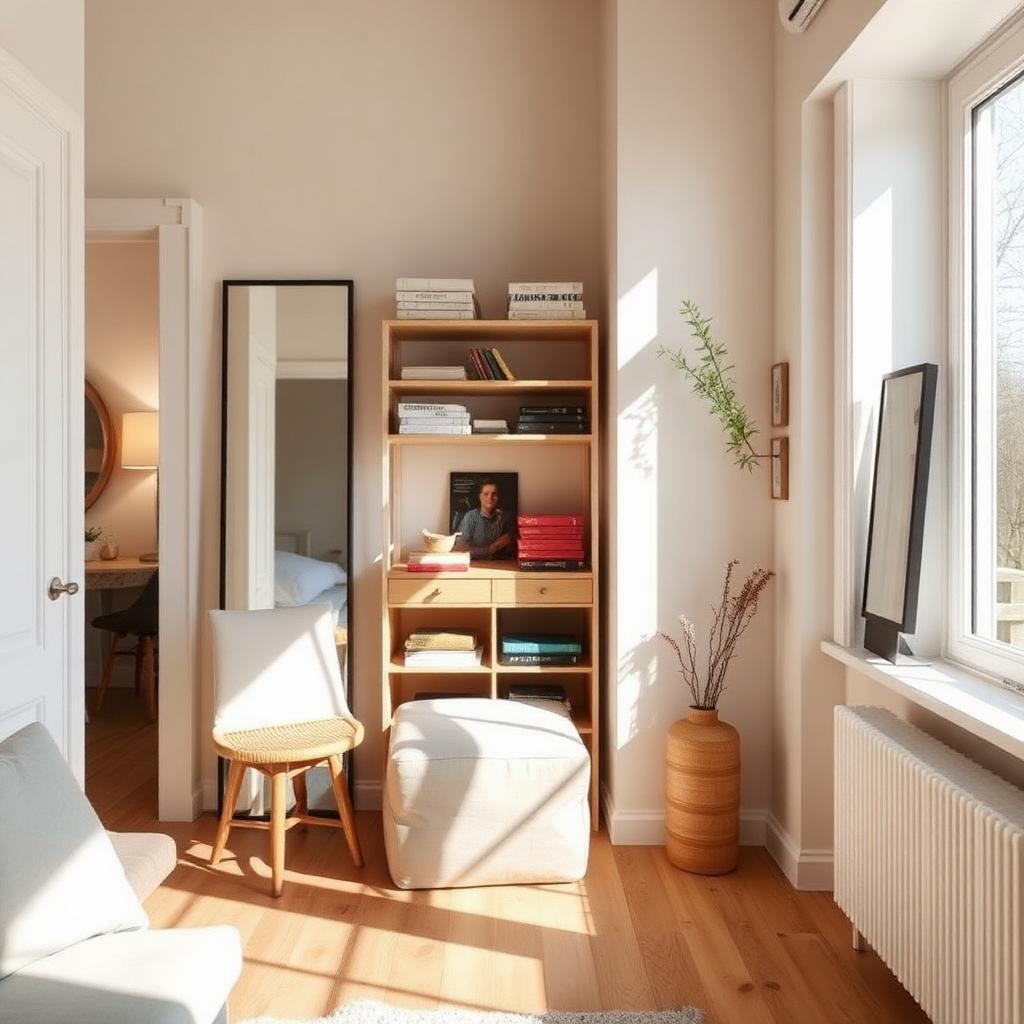 Kleines helles Zimmer mit platzsparenden Möbeln, großem Spiegel und hohem Regal