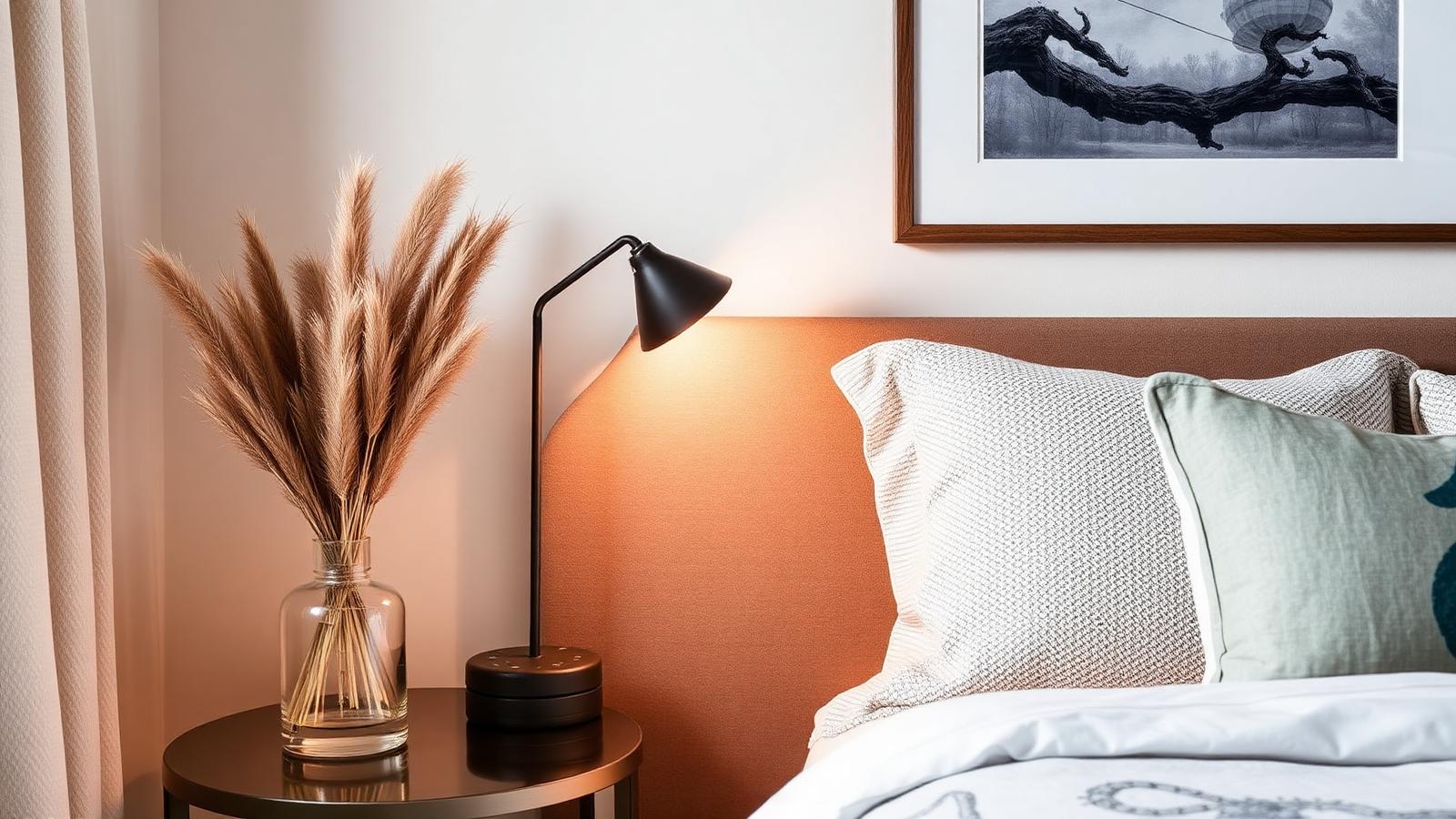 Nachttisch mit Leuchte, Vase mit Trockengräsern und Bild über dem Bett