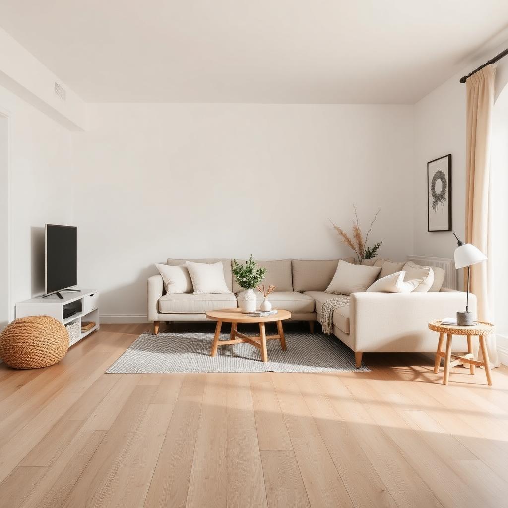 Helles Wohnzimmer im skandinavischen Stil mit beigem Sofa und Holzboden