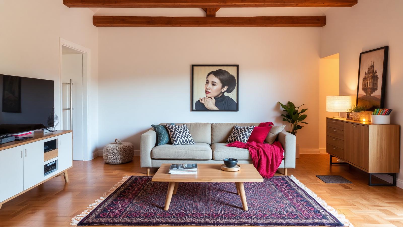 Gemütlich eingerichtetes Wohnzimmer mit Sofa, Teppich und warmer Beleuchtung