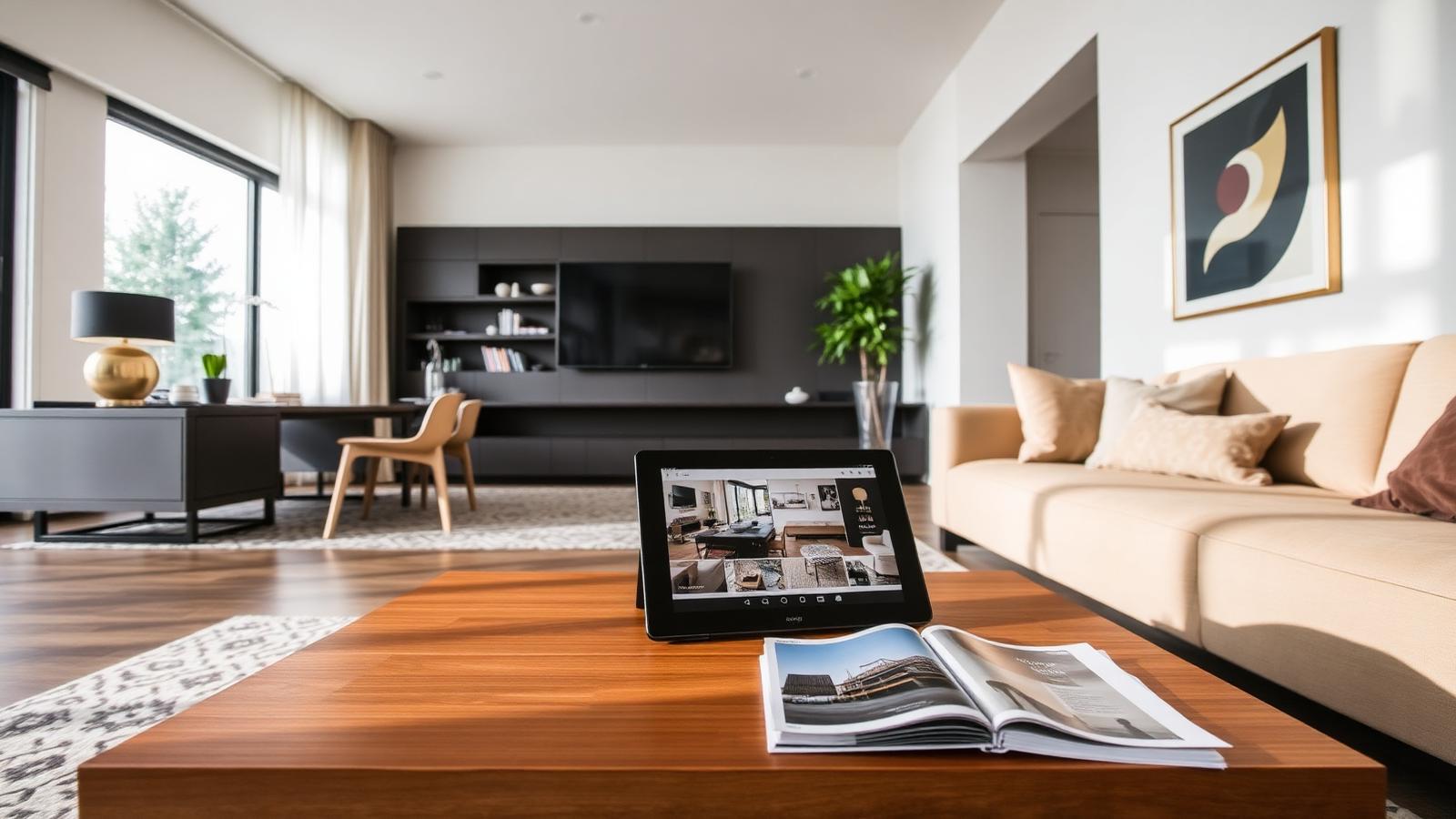 Modernes Wohnzimmer mit Tablet auf dem Couchtisch – Zimmer einrichten mit KI